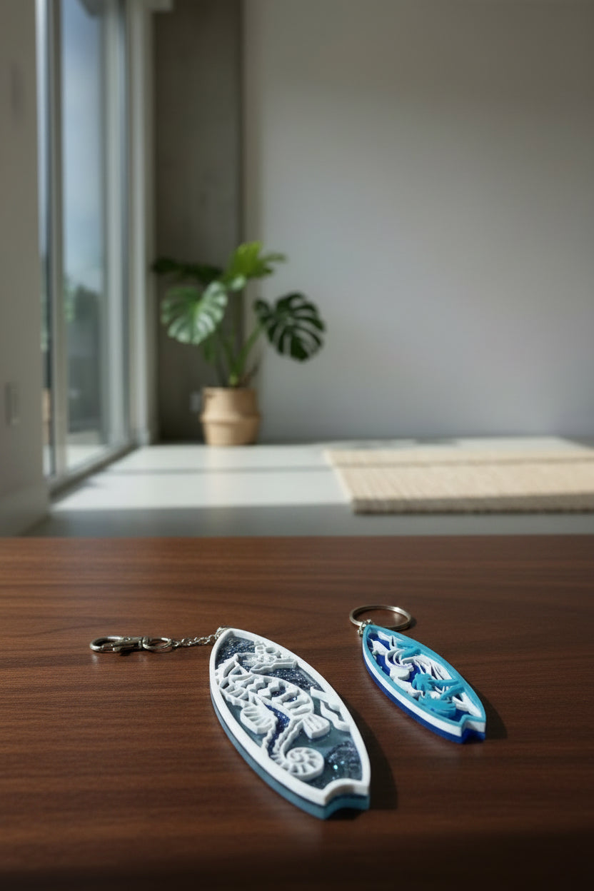 Layered acrylic surfboard keychain
