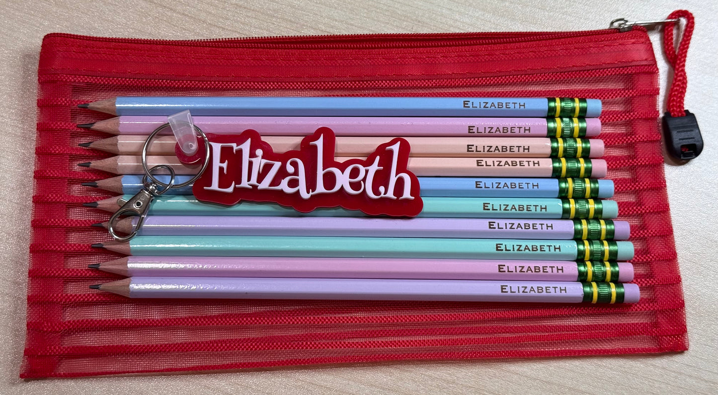PERSONALIZED LASER ENGRAVED PENCILS AND BAG TAG IN PENCIL POUCH