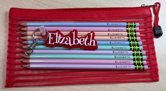 PERSONALIZED LASER ENGRAVED PENCILS AND BAG TAG IN PENCIL POUCH